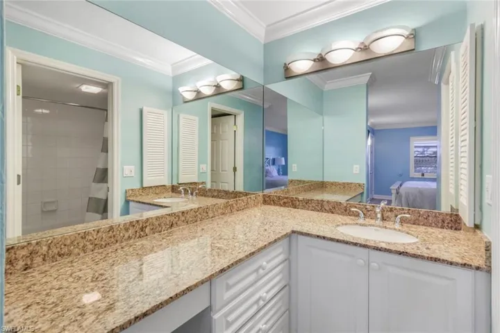 Bathroom featuring vanity and ornamental molding
