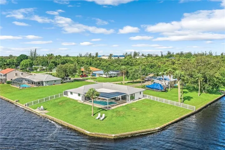 Birds eye view of property with a water view