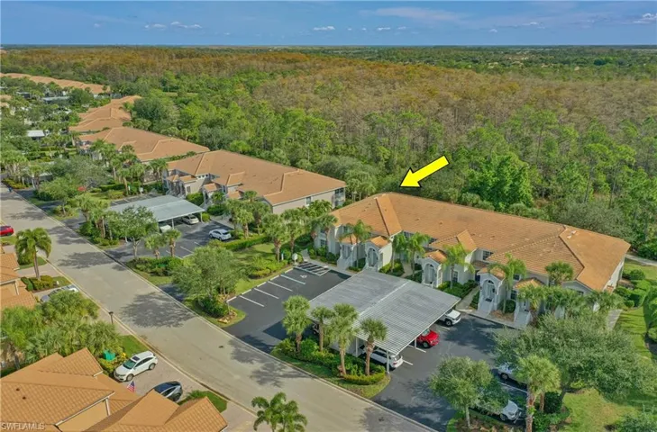 Aerial view of residential area with a heavily wooded area
