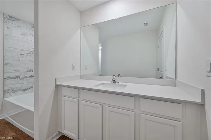 Bathroom with hardwood / wood-style flooring and large vanity