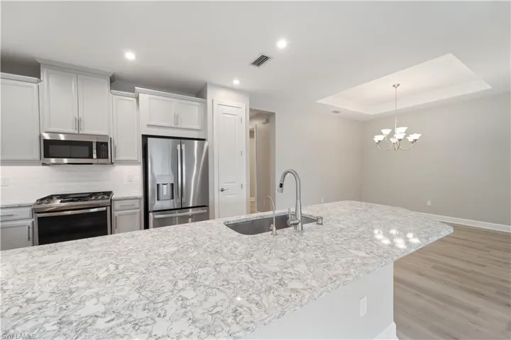Kitchen with backsplash, sink, a tray ceiling, stainless steel appliances, and white cabinets