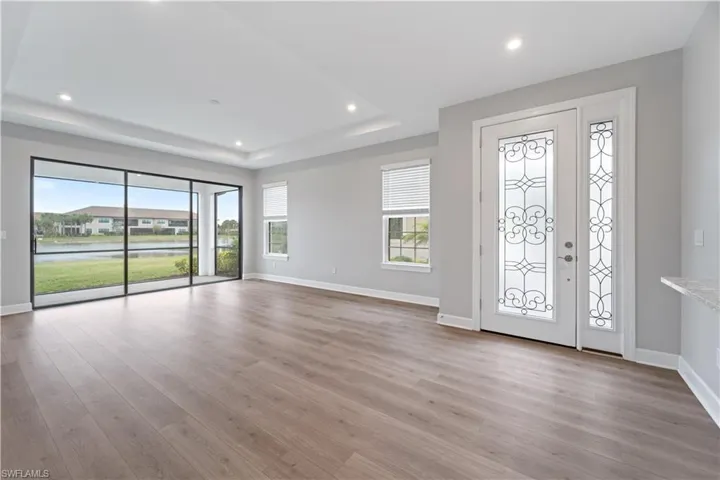 Entryway with plenty of natural light, a tray ceiling, and light hardwood / wood-style flooring