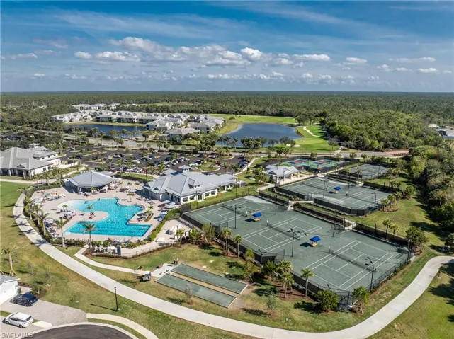Birds eye view of property with a water view