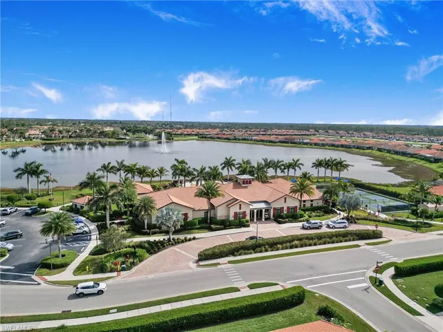 Aerial view of residential area with a large body of water