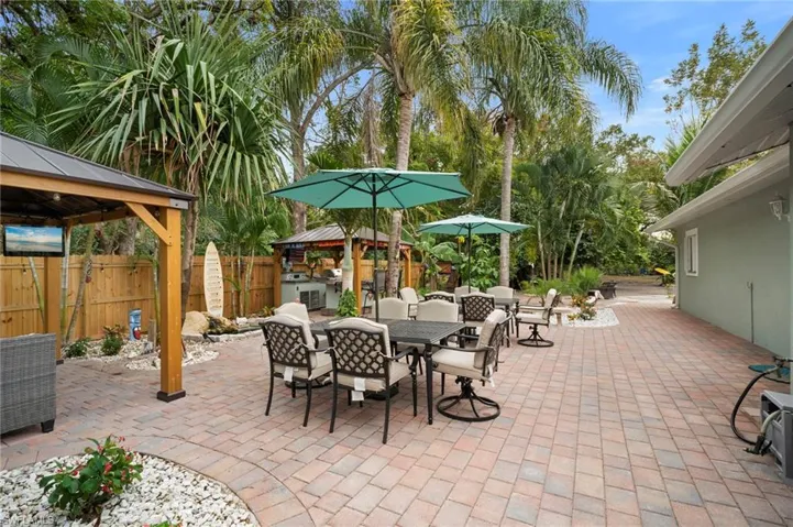 Fenced backyard with a patio area, a gazebo, and outdoor dining area