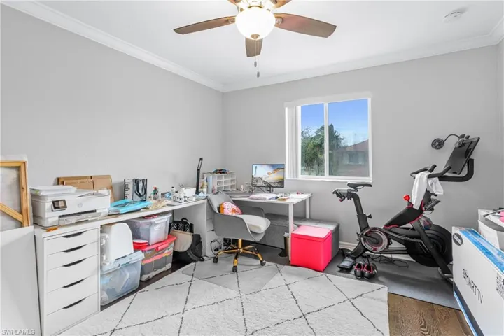 Home office with crown molding, light hardwood / wood-style flooring, and ceiling fan