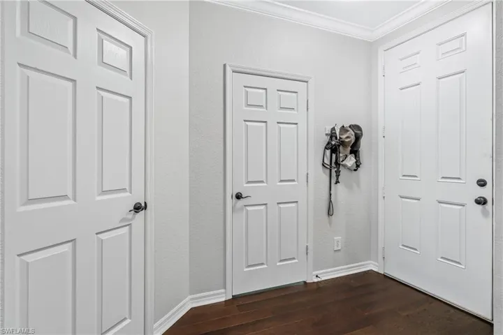 Foyer with crown molding and dark wood-type flooring