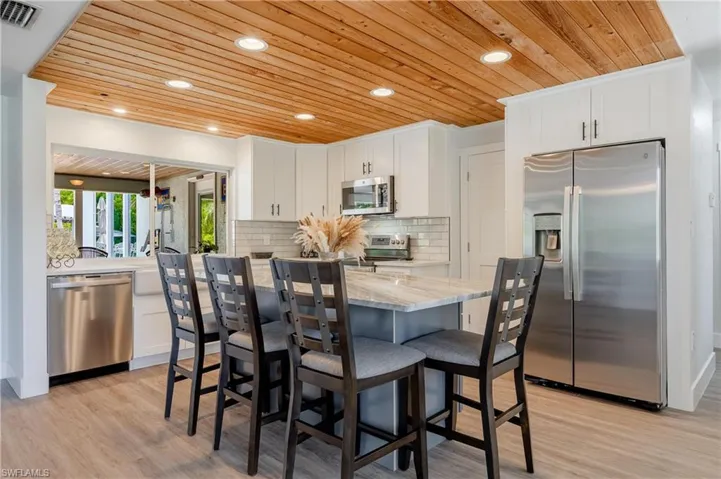 Kitchen featuring white cabinetry, tasteful backsplash, light hardwood / wood-style flooring, and stainless steel appliances