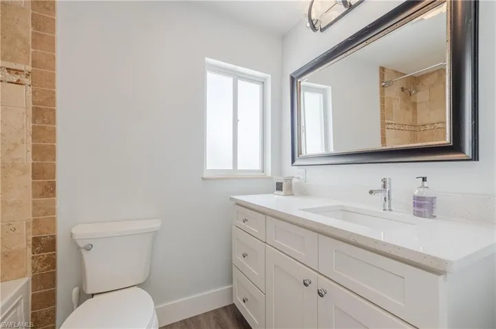 Bathroom with vanity, toilet, and hardwood / wood-style flooring