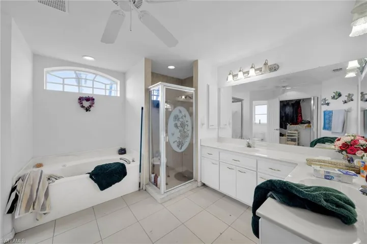 Full bathroom with ceiling fan, vanity, plenty of natural light, and a shower stall