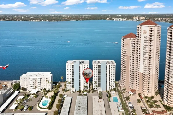 Aerial view of the waterfront property along the river in downtown Fort Myers