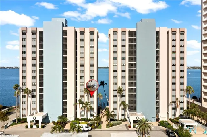 Buildings sit on the Caloosahatchee River