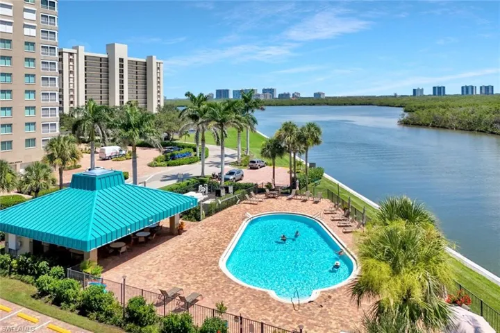 Community pool featuring a view of skyline and a water view