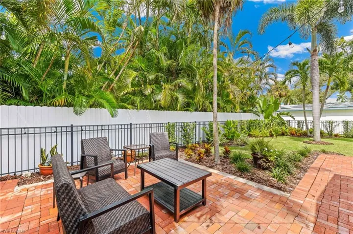 Fenced backyard with a patio