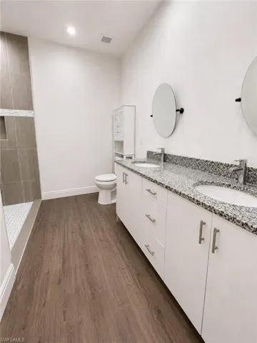 Bathroom featuring a spacious double vanity with granite countertop and undermount sinks, wood-finish flooring, and a walk-in shower with tiled walls and a mosaic tile floor