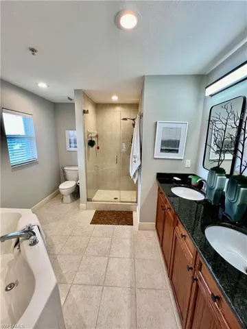 Full bathroom featuring a stall shower, toilet, a garden tub, and a sink