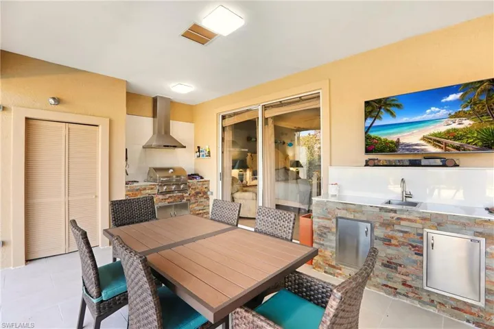 Dining room featuring light tile patterned flooring