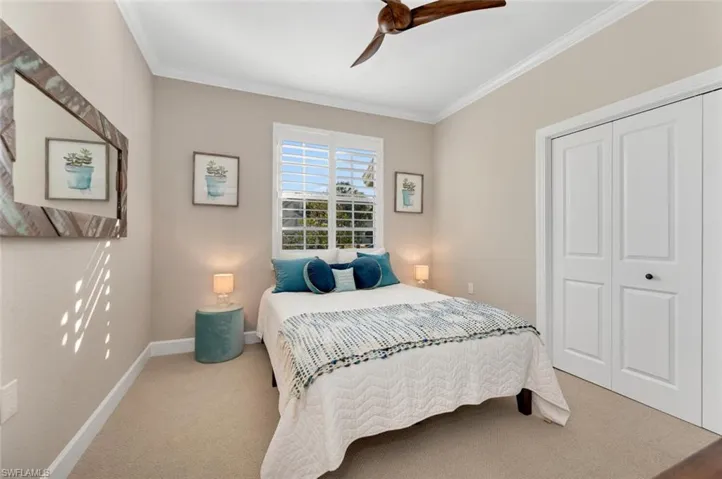 Carpeted bedroom featuring ceiling fan, a closet, and crown molding