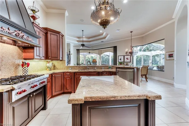 Kitchen featuring stainless steel appliances, a raised ceiling, custom range hood, a healthy amount of sunlight, and a sink