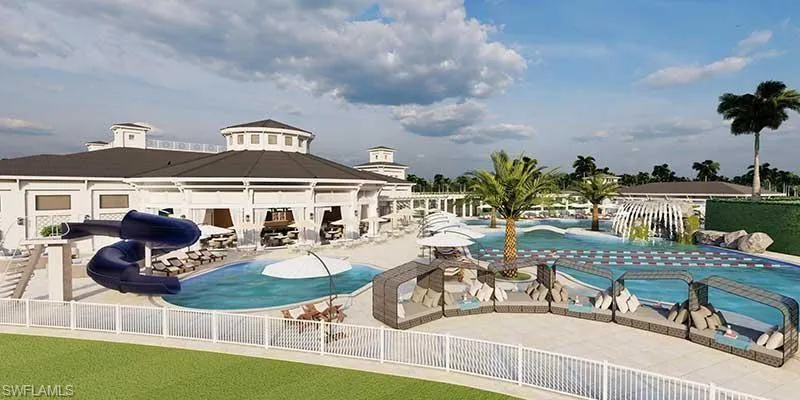 Pool with a water slide, fence, a gazebo, and a patio