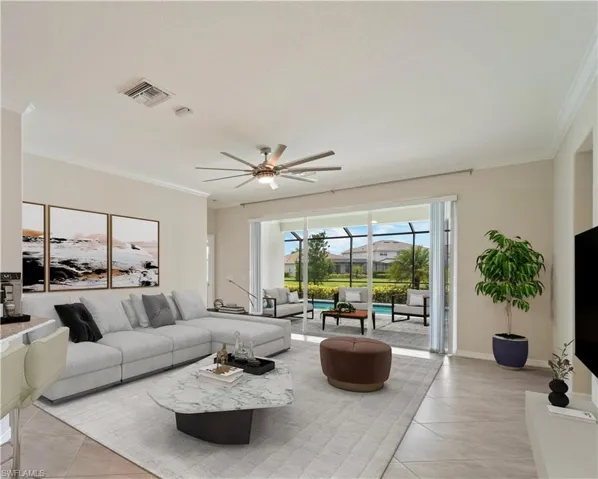 Virtually Staged Living room featuring crown molding high ceilings and ceiling fan.