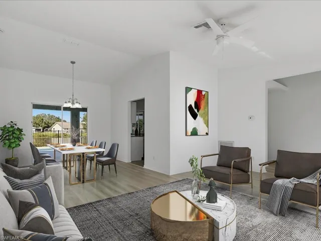 Virtually stages living room and dining room