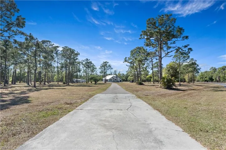 View of concrete surface featuring view of wooded area