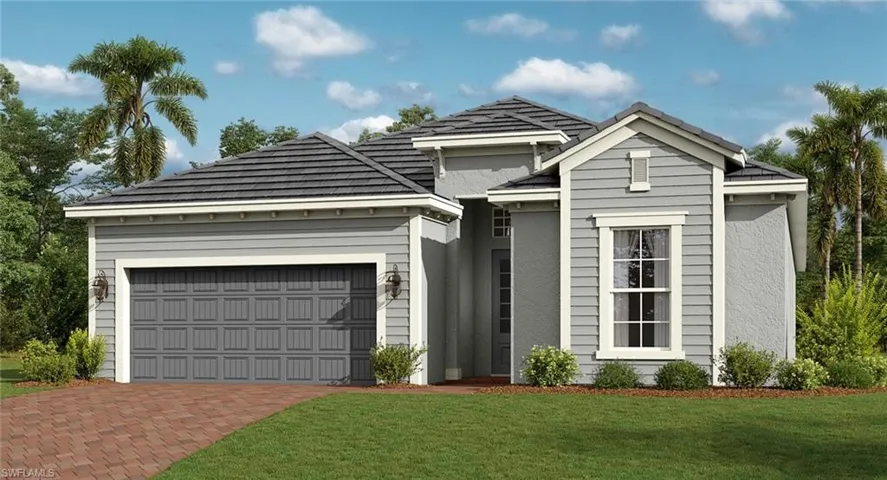 Single story home featuring an attached garage, driveway, stucco siding, and a front yard