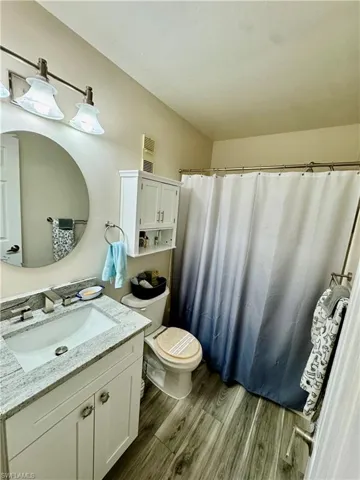 Bathroom with dark wood-style flooring, vanity, and a shower with curtain