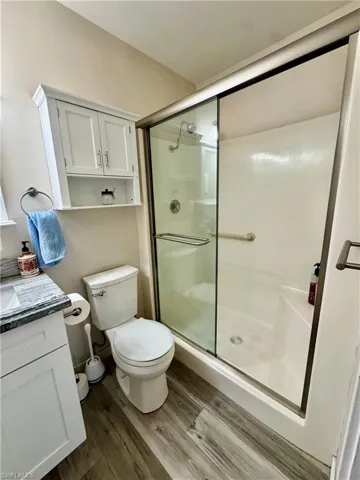 Bathroom featuring dark wood-style floors, a stall shower, and vanity