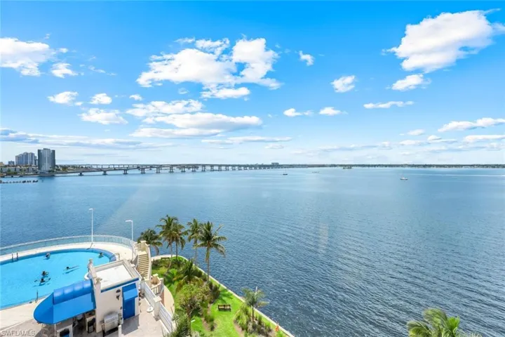 Water view featuring a notable bridge
