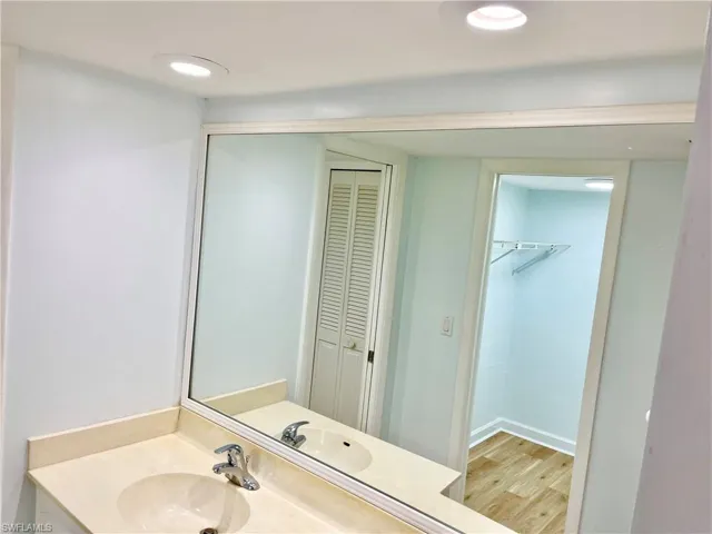 Bathroom with vanity and wood-type flooring