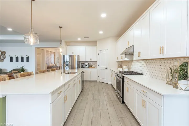 Kitchen with light wood-style flooring, white cabinets, under cabinet range hood, a sink, and stainless steel appliances