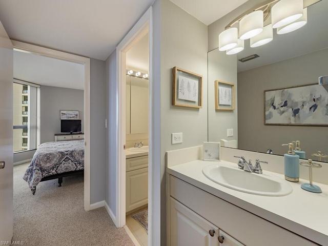 Double sinks and a separate shower room.