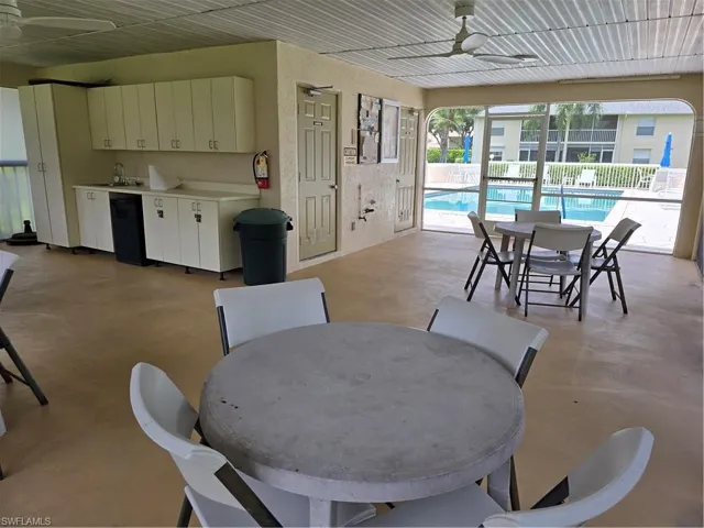 Dining area with ceiling fan and concrete floors