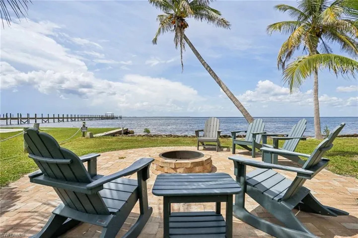 View of patio featuring a water view and a fire pit