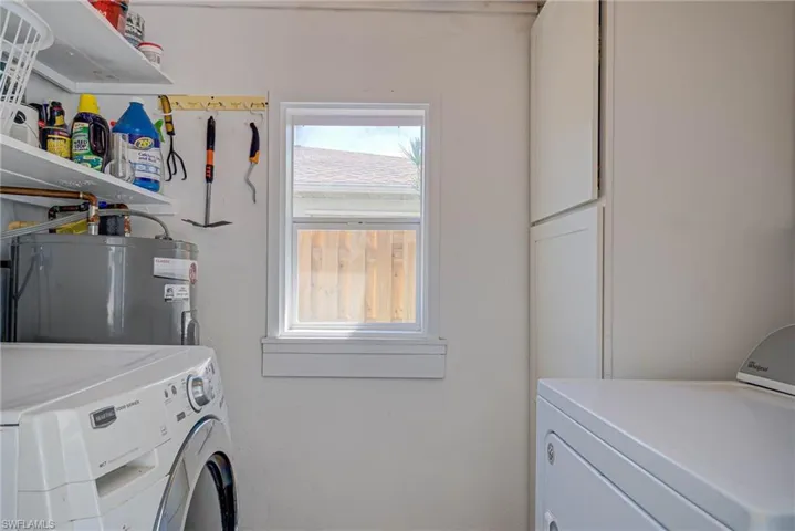 Laundry room featuring electric water heater and washing machine and dryer