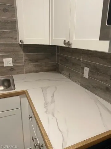 Details featuring backsplash, white cabinetry, and sink