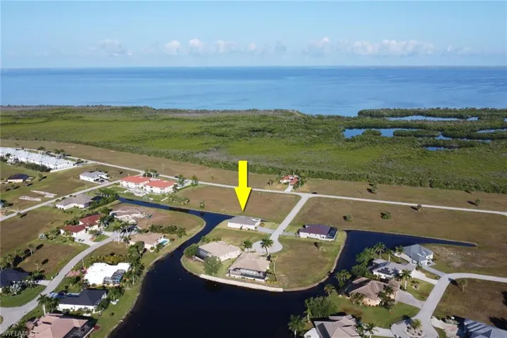 Birds eye view of property with a water view