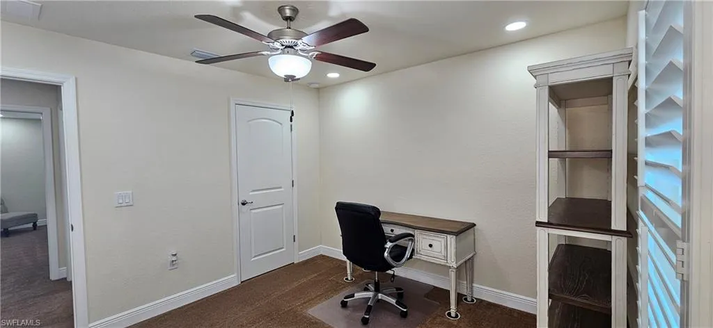 Office featuring ceiling fan, carpet floors, baseboards, and recessed lighting