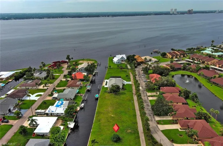 Birds eye view of property with a water view and a residential view