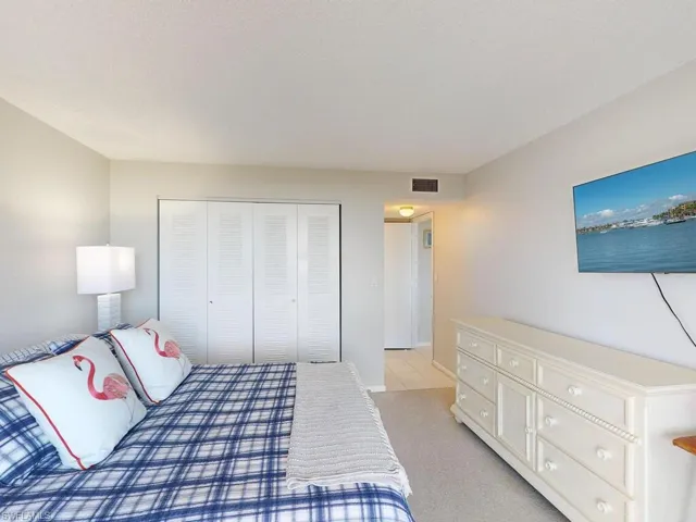 Carpeted bedroom featuring a closet