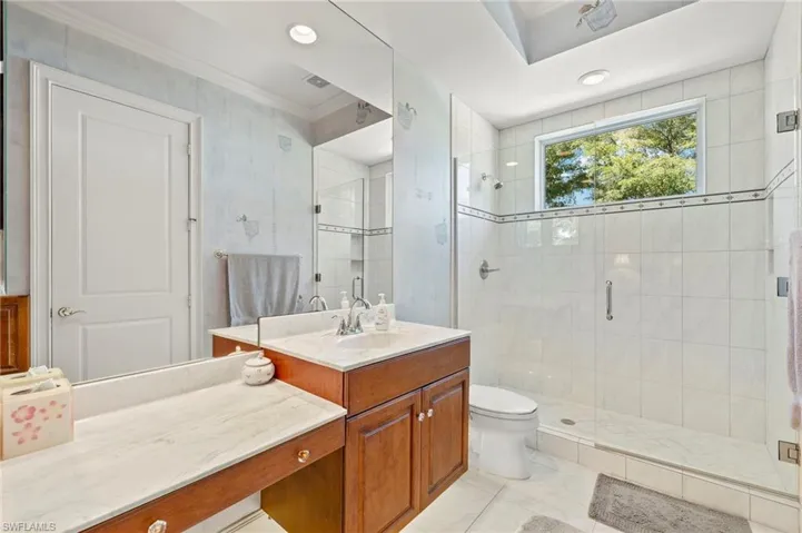 Full bathroom featuring vanity, crown molding, toilet, and a stall shower