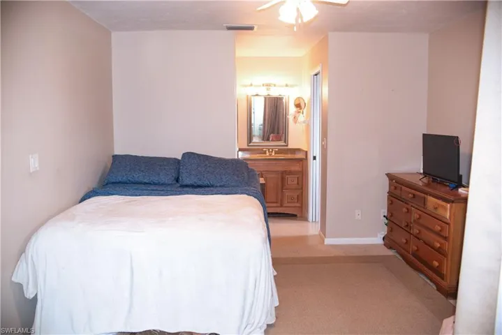 Bedroom featuring sink, light carpet, ceiling fan, and connected bathroom