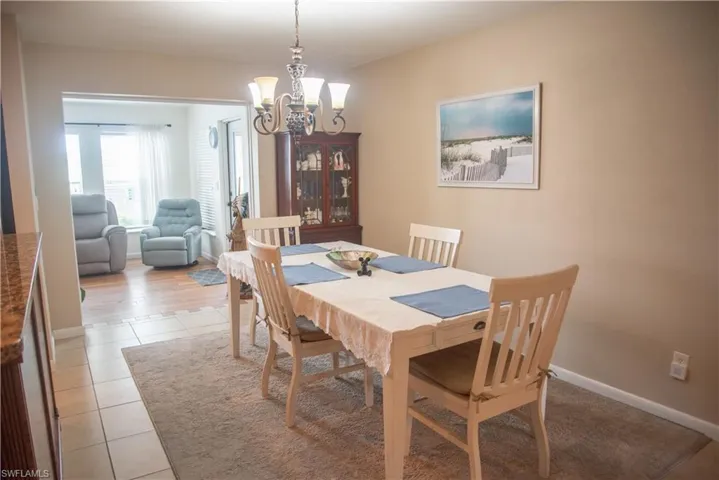 Dining room featuring light hardwood / wood-style flooring and an inviting chandelier