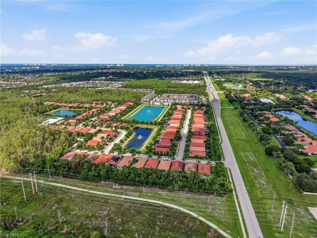 Aerial perspective showcasing a residential community with multiple homes
