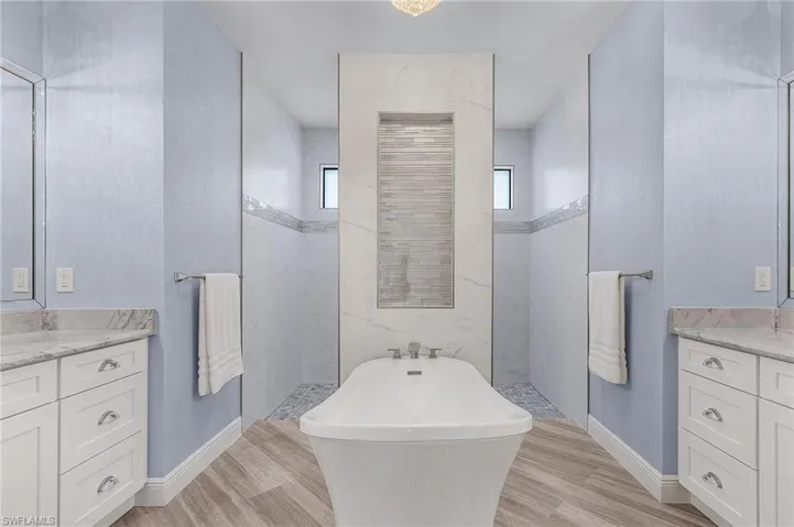 Bathroom with vanity, hardwood / wood-style floors, and plus walk in shower