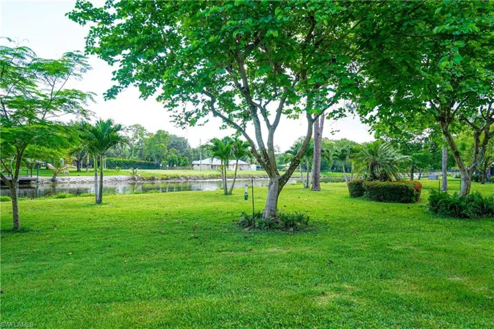 Expansive green lawn with mature trees and tropical plantings