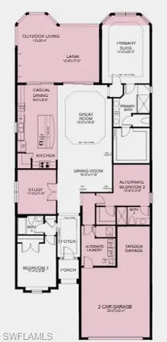 Additional Highlights Include: Tray ceiling at great room/primary suite/foyer, casual dining extension, tandem garage, gourmet kitchen, 8' interior doors, bay window at primary suite, extended covered outdoor living, study in place of flex, and outdoor kitchen rough-in only.