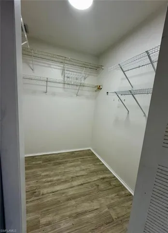 Walk in closet with wood finished floors